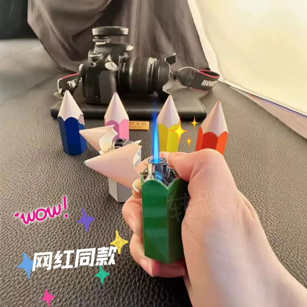 网红创意七彩蜡笔直冲防风打火机充气小巧ins高颜值糖果色送男友