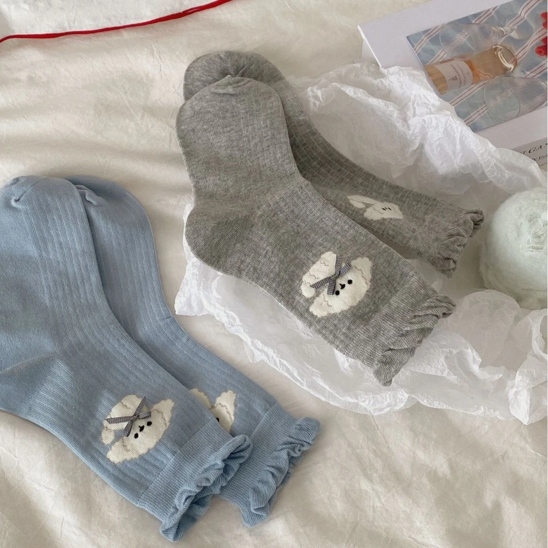 韩系学院风可爱卡通蝴蝶结小狗袜子女蓝色Lolita软妹百搭中筒袜