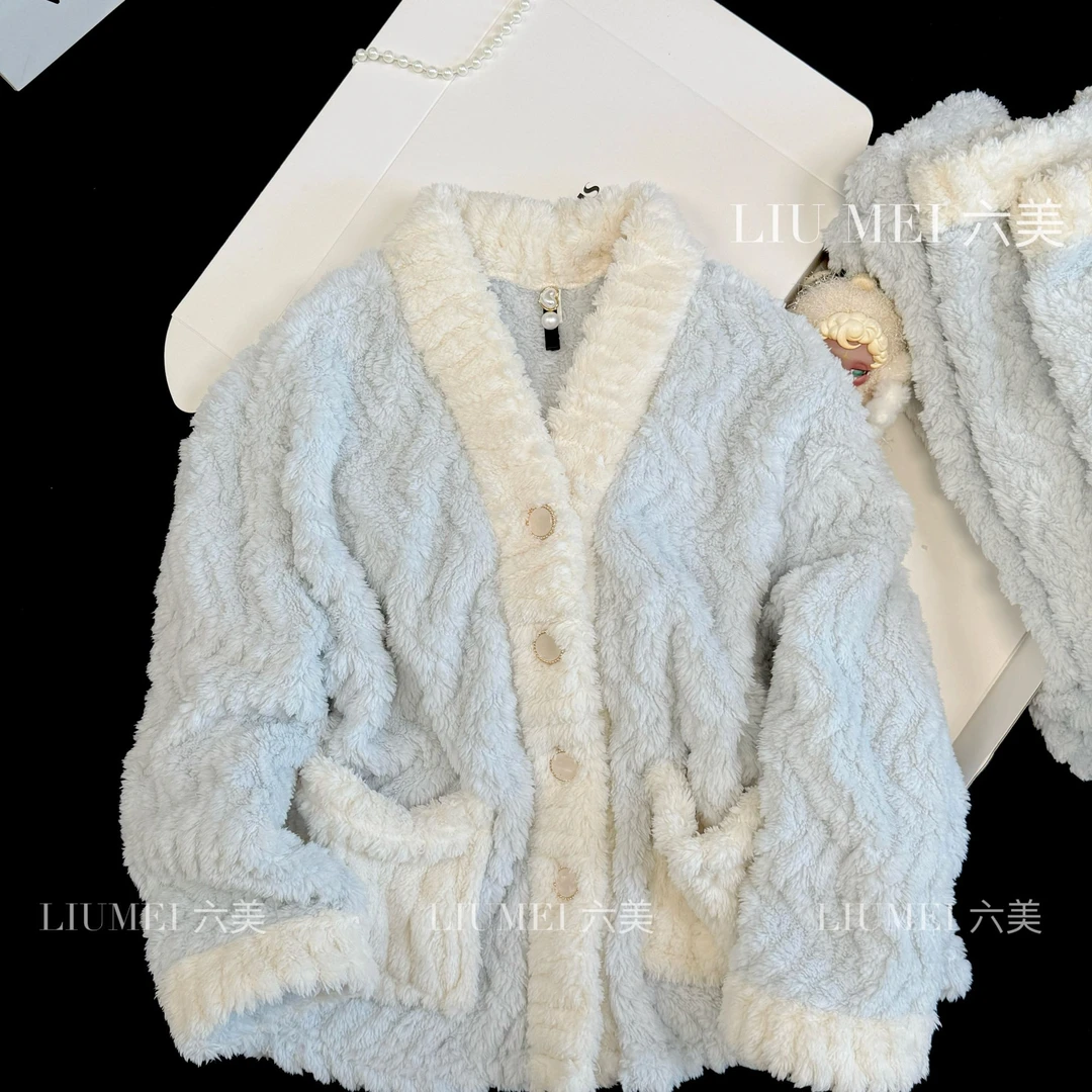 荔枝睡衣女士秋冬冬款珊瑚绒加厚加绒保暖法兰绒可外穿家居服套装