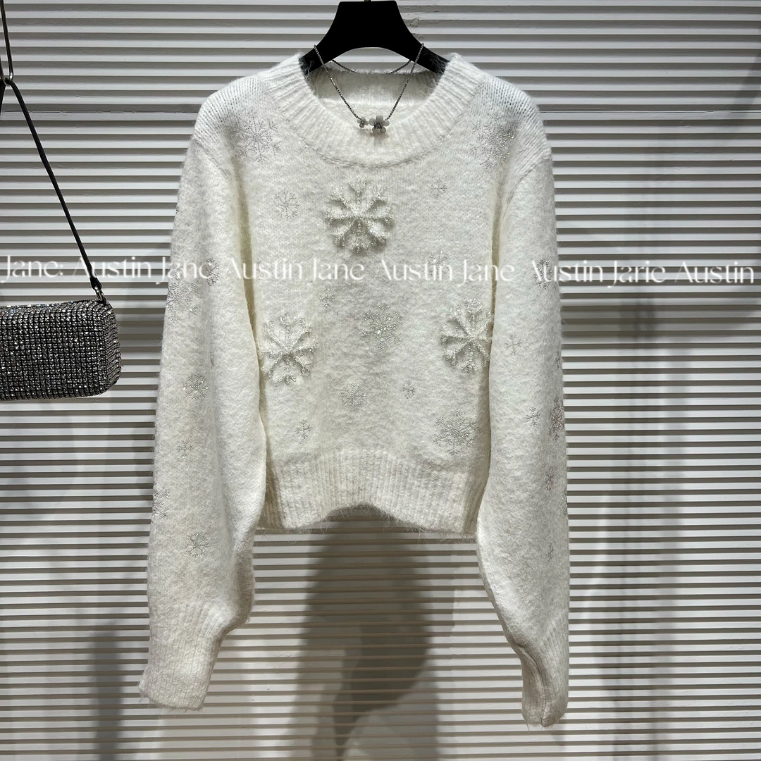 Jane Austin •青（霜花.白红）轻奢设计师百搭显瘦款长袖烫钻上衣女