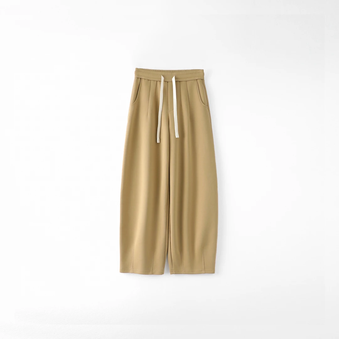 今婷韩版时尚百搭休闲设计感纯色收褶高腰弯刀直筒卫裤-H24312323