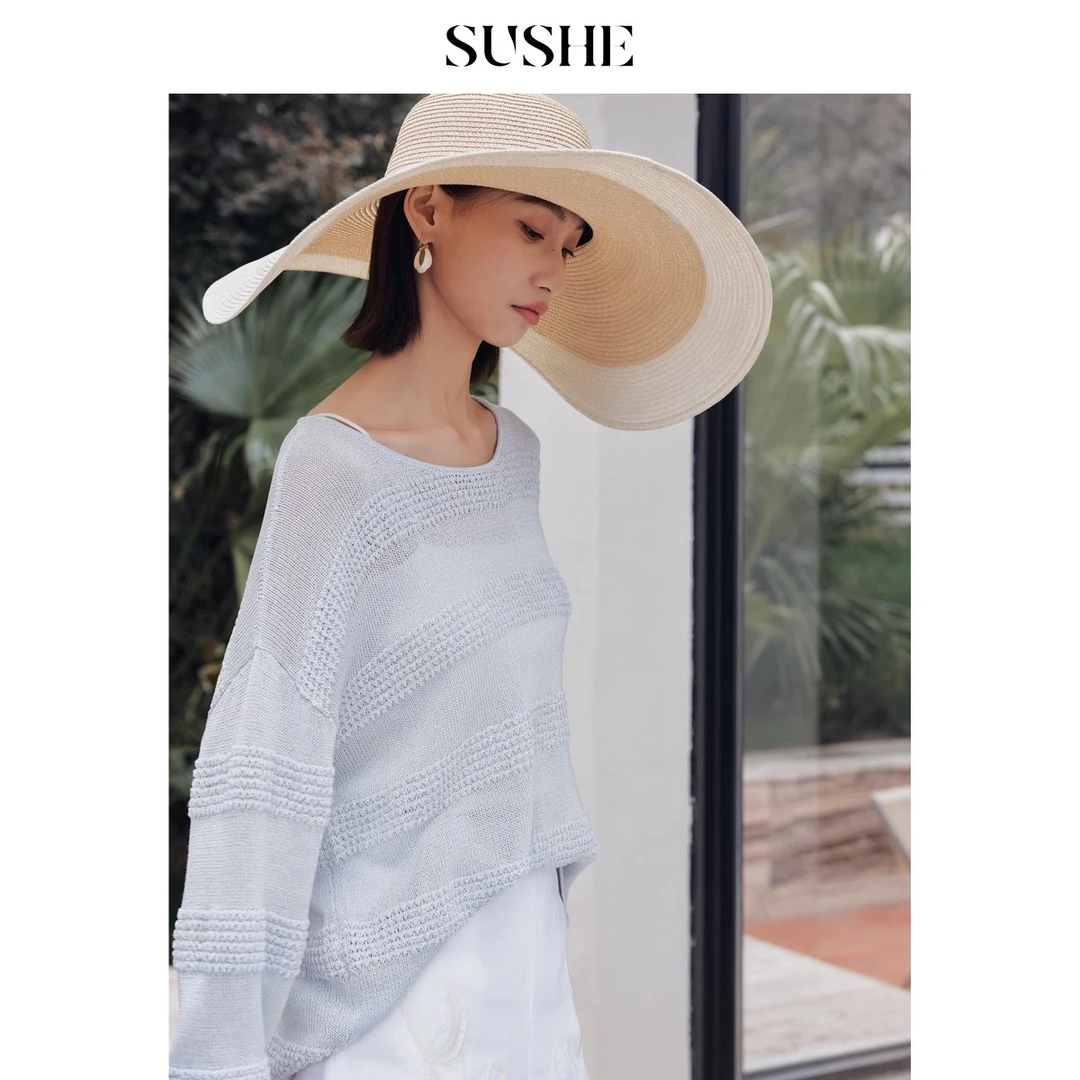 束皙SUSHE 卓色 莱赛尔桑蚕丝条纹镂空编织针织衫淡人宽松上衣女
