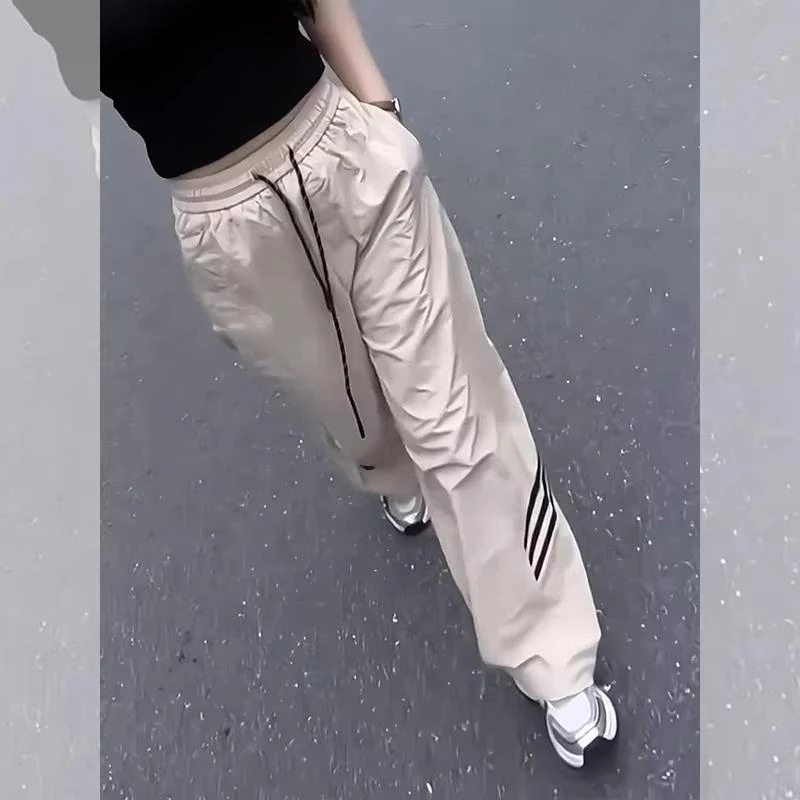 2025夏季新款女士美式宽松显瘦高腰抽绳阔腿裤轻薄透气速干工装裤