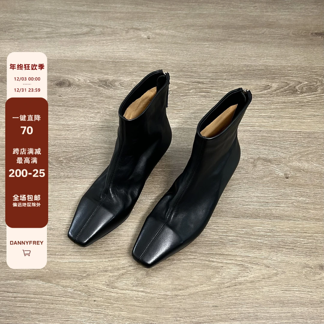 Dannyfrey头层牛皮复古粗跟方头女秋冬新款气质瘦瘦切尔西靴3CM