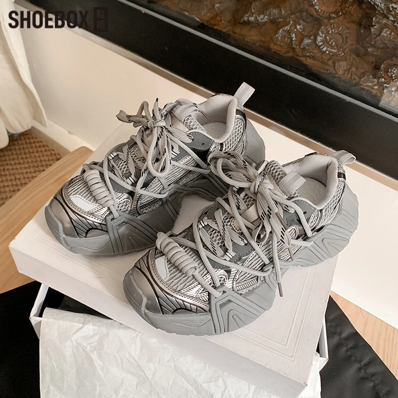 SHOEBOX鞋柜秋冬复古鸳鸯增高6cm~厚底系带休闲运动鞋老爹鞋女鞋