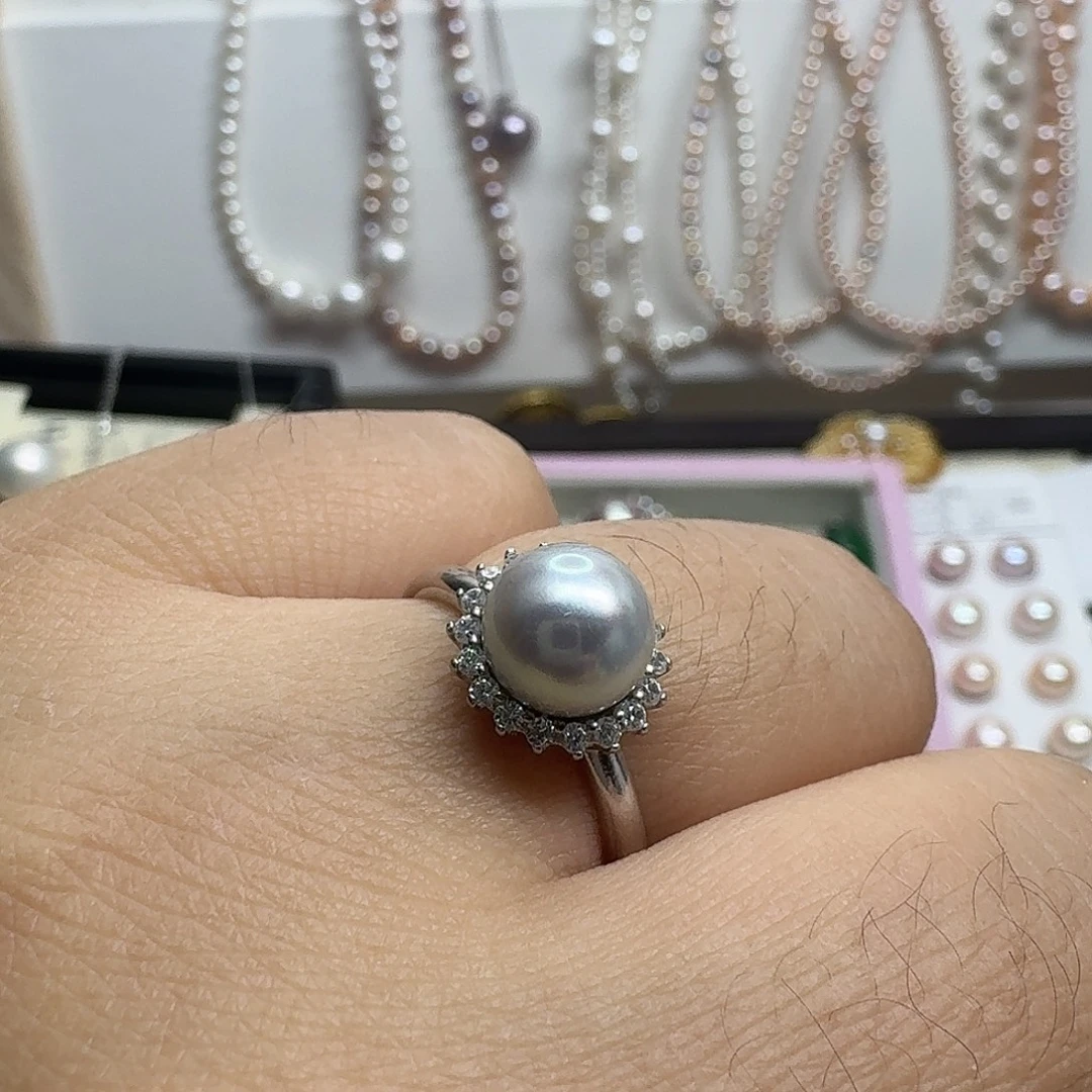 阿***啊银S925镶嵌戒指海水珍珠7.7mm阿玲真多麻太阳花戒指