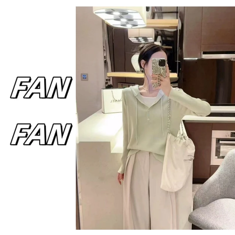 FANFAN  【静奢风】连帽拼色针织衫假两件上衣