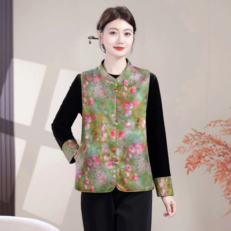 中老年女装新中气质式洋气妈妈装丝绒套装中国风印花三件套印花