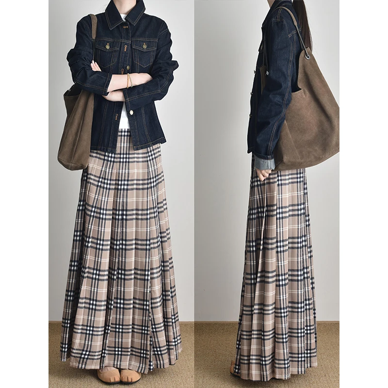 秋冬季高智通勤穿搭牛仔外套格纹半身裙chic高级感小香学院风套装