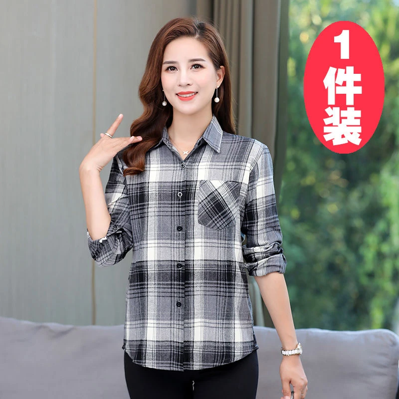 女士长袖格子衬衫春秋新款中年妈妈宽松气质显瘦上衣