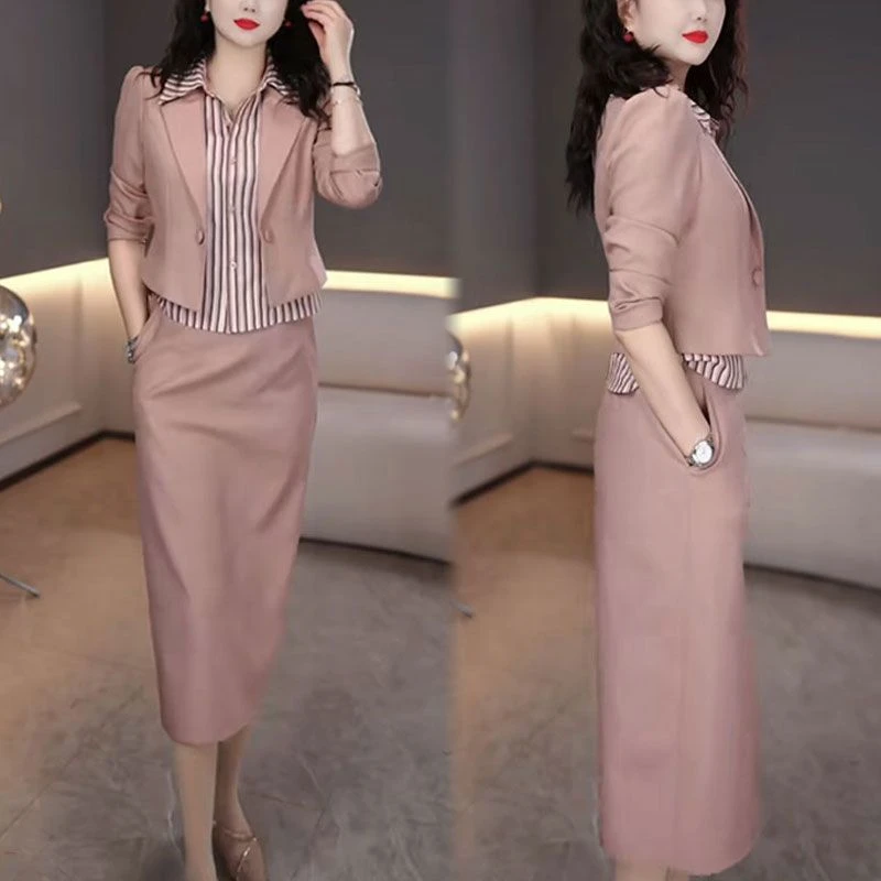 2026春季新款时尚优雅假两件条纹拼接上衣+遮肚显瘦半身裙两件套