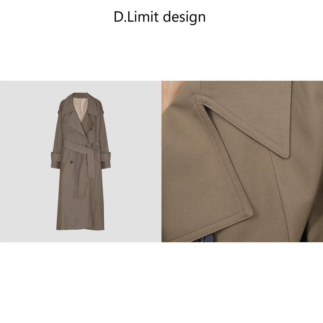 【D.Limit design】大翻领双排扣系带长款咖绿色风衣DLSQLF059
