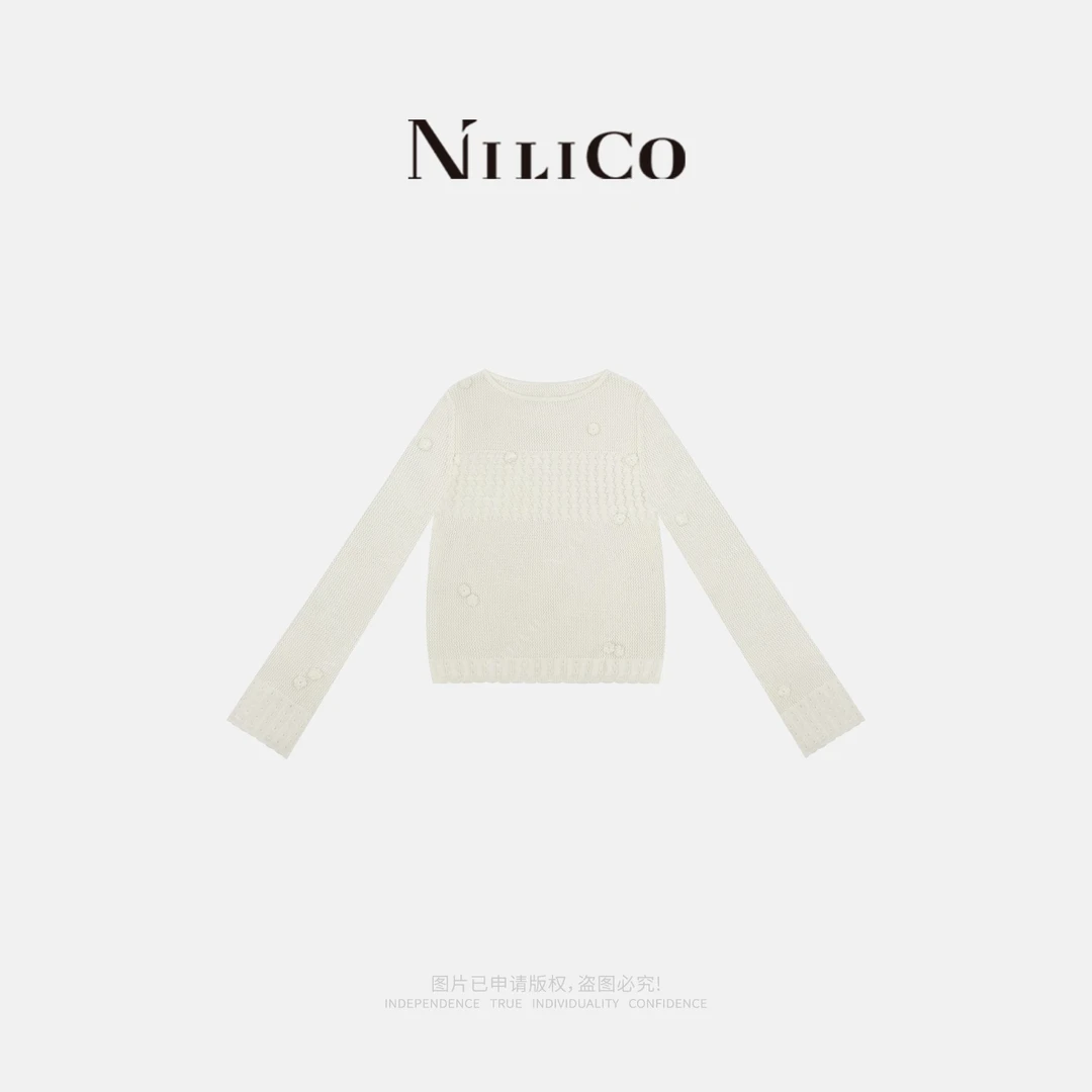 NILICO【白璃】舒适慵懒休闲百搭羊毛镂空圆领长袖白色针织毛线上衣
