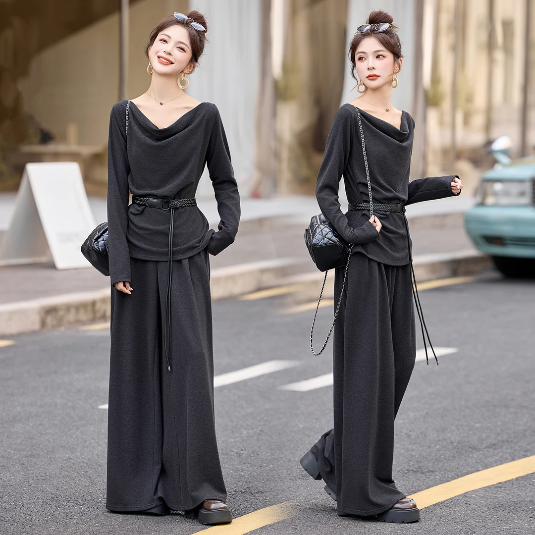时尚套装女2025秋季新款洋气百搭长袖显瘦阔腿裤两件套潮