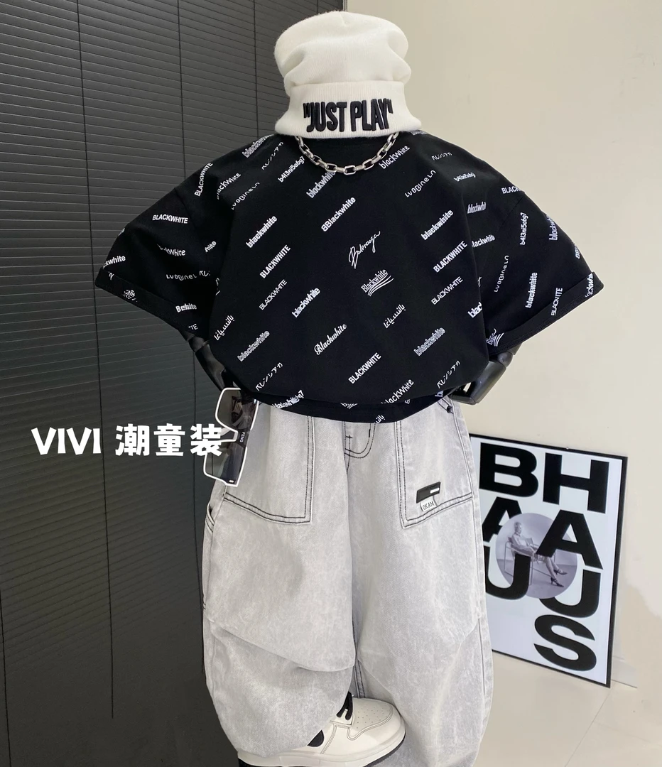 VIVI童装 2025春款潮流中大童百搭黑白拼接印花短袖T恤 欧若风