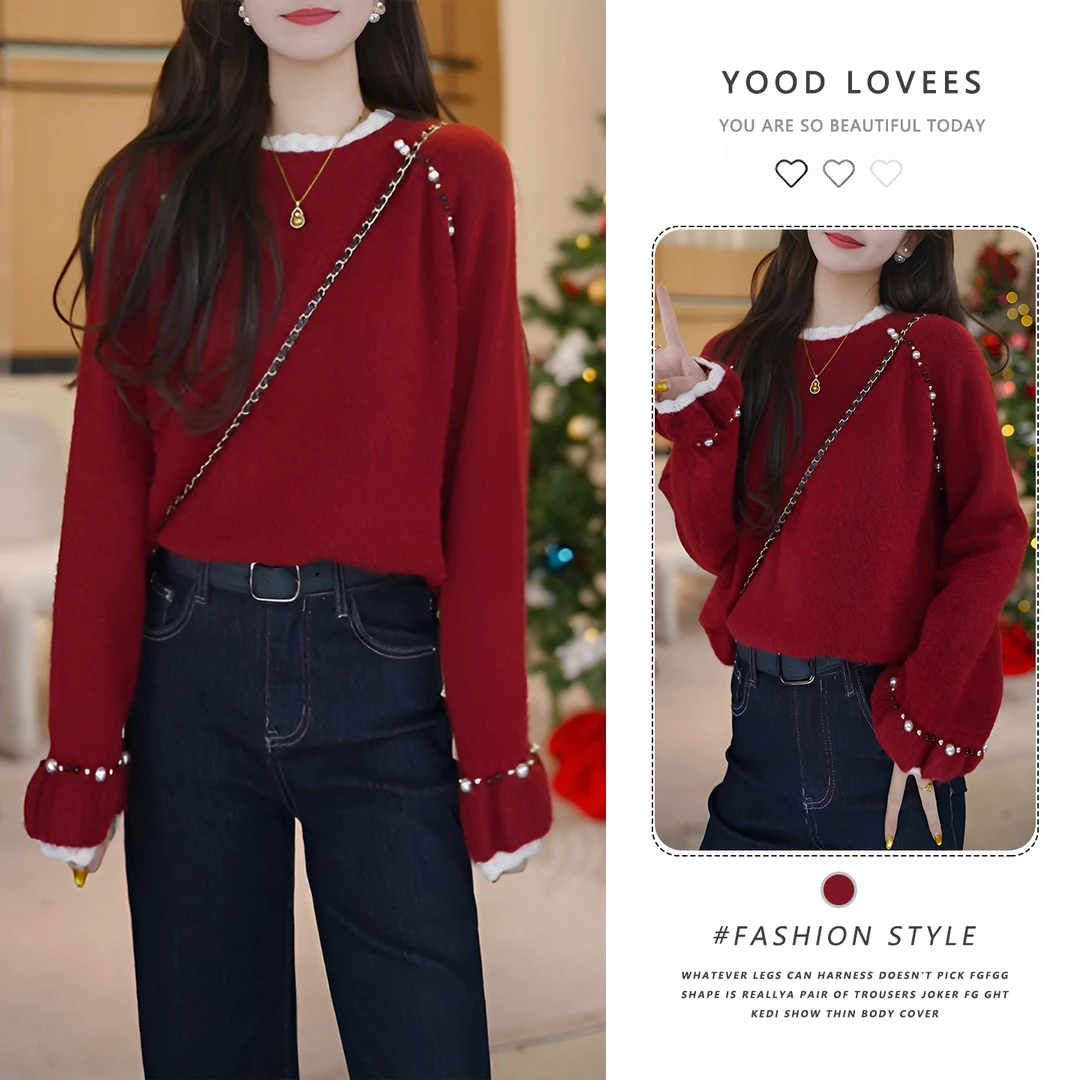 复古红撞色拼接钉珠包袖毛针织衫2025冬季新款时尚减龄打底上衣女