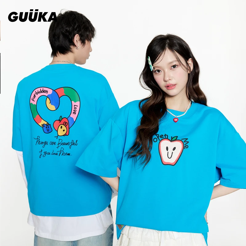 潮牌苹果毛绒刺绣短袖T恤男夏爱心小蛇重磅短袖男t恤