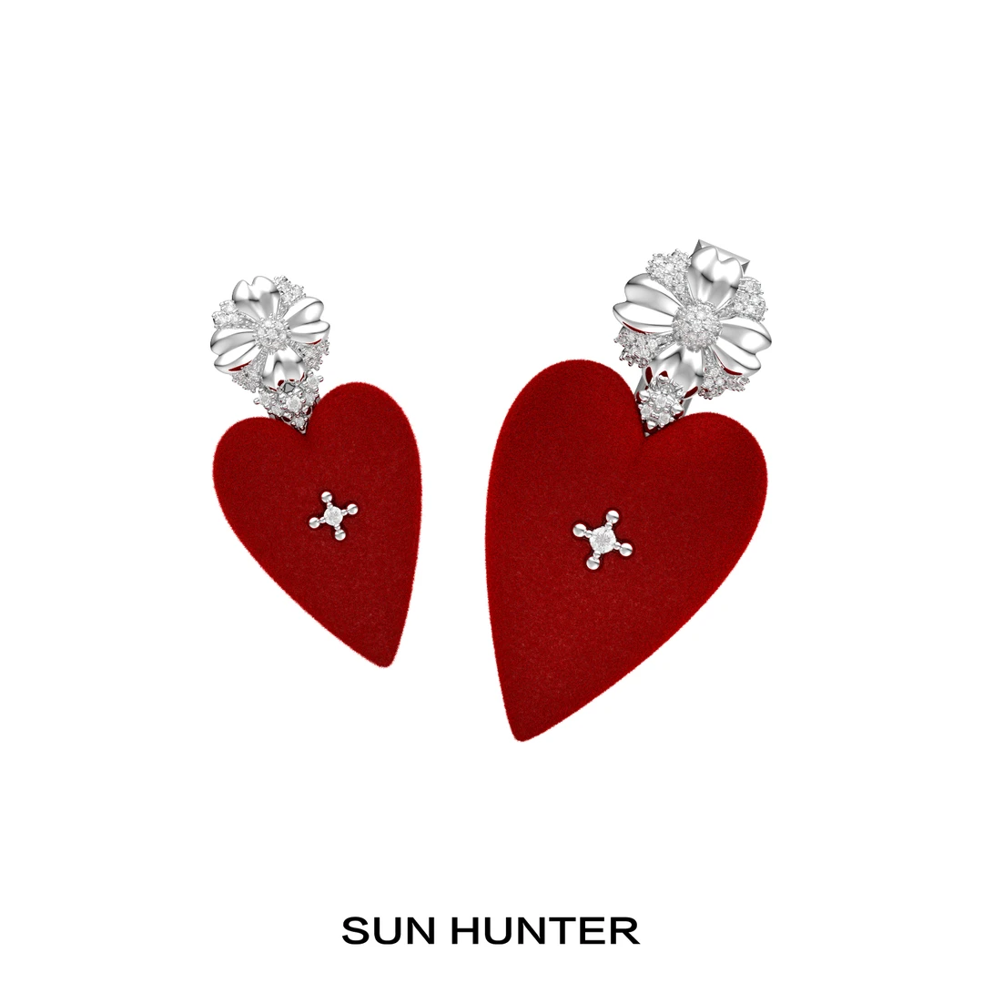 三横SUN HUNTER原创丝绒爱心发夹圣诞新年植绒发饰小众设计压夹女