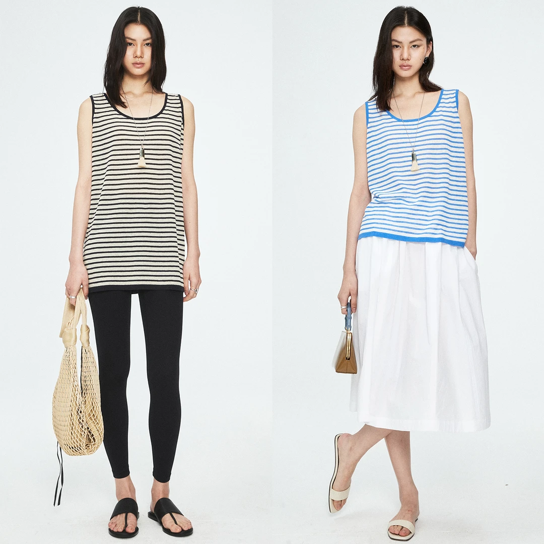 MRS Studios经典亚麻棉 条纹长短款通勤背心 藏青米 蓝白