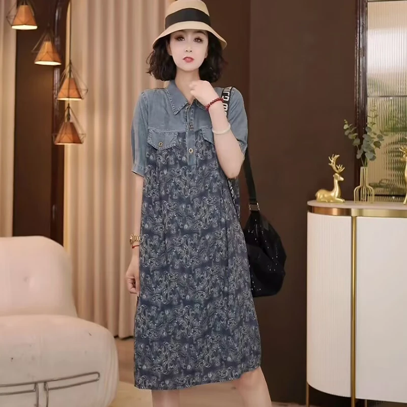 8922-882夏季新款韩版2025宽松休闲短袖翻领拼花色牛仔连衣裙女