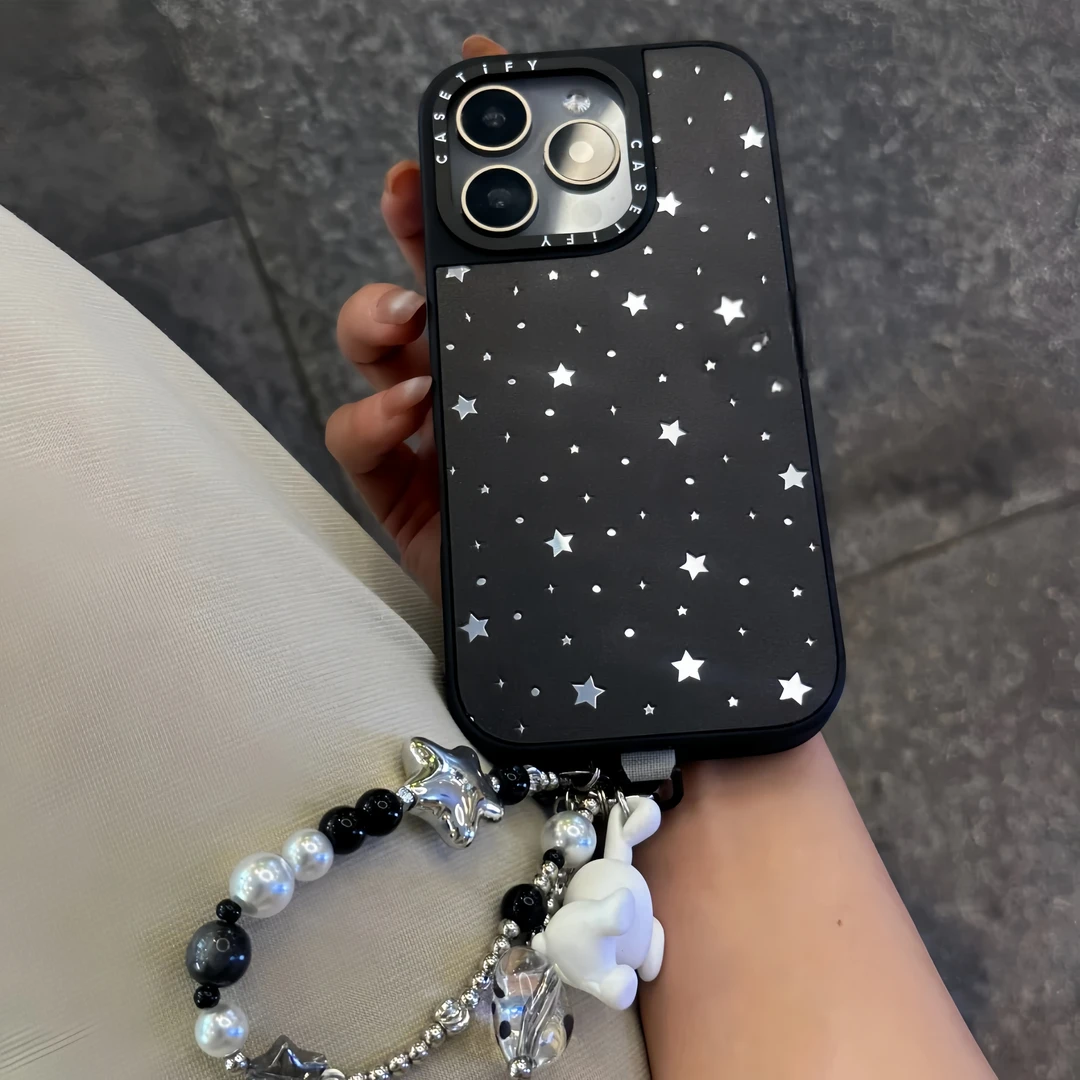 CASE黑底满印星星苹果15手机壳iPhone16pro max透明14P磁吸13手链