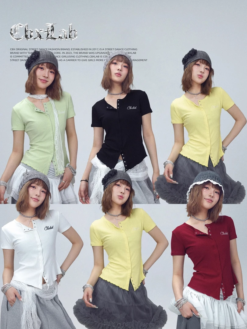 街舞潮牌爵士"按扣小衫"夏季跳舞修身上衣小众kpop辣妹亲肤短袖女