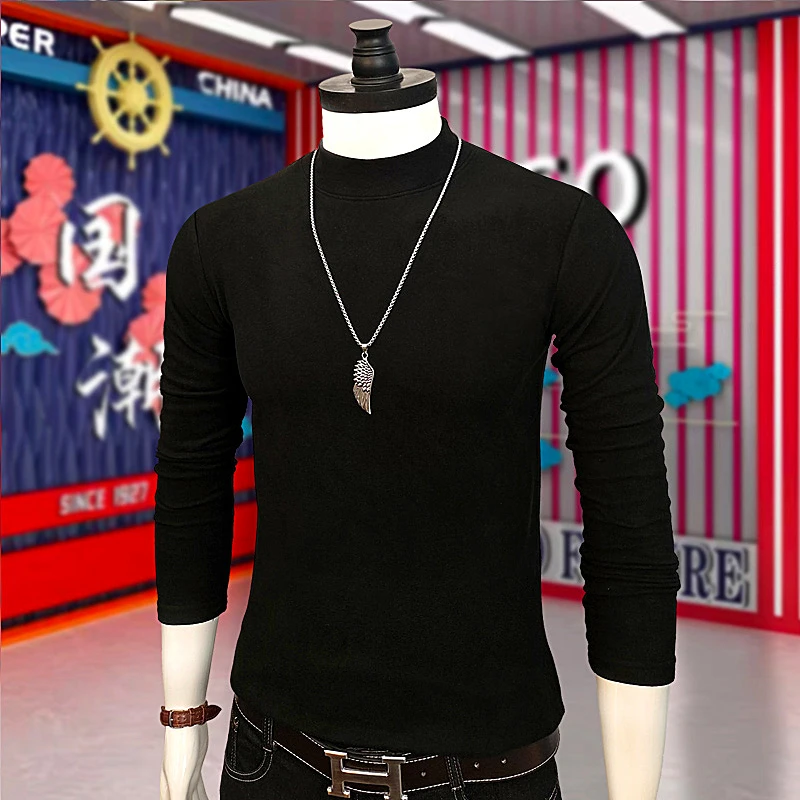 秋冬季男士德绒内搭保暖上衣T半高圆领修身男款纯色长袖t恤打底衫