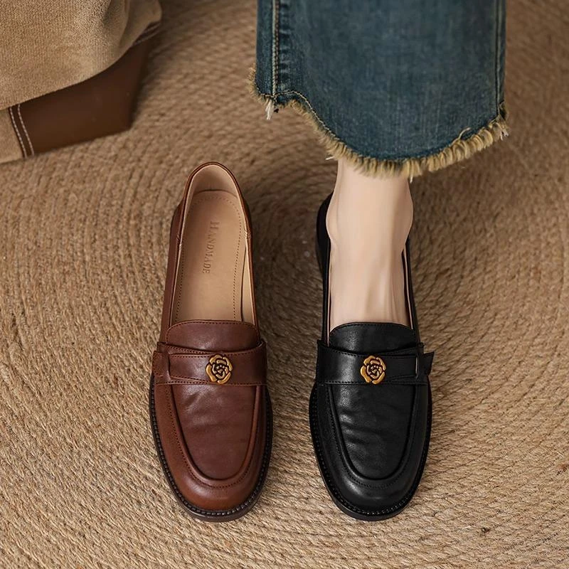 【澳门专柜正品】法式软羊皮黑色山茶花乐福鞋2025春秋新款英伦风一