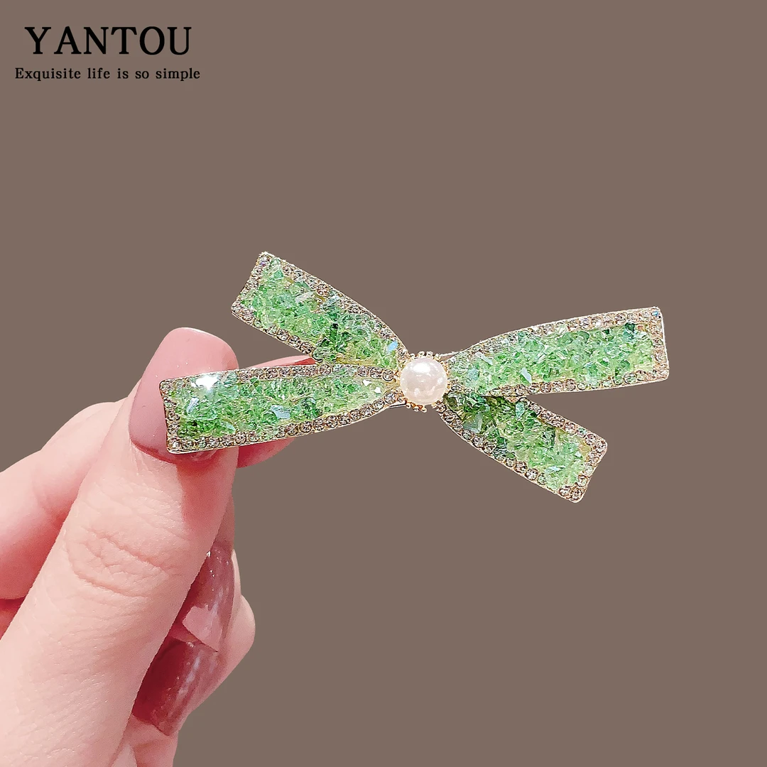 韩系绿色水晶蝴蝶结发夹女夏季新款侧边刘海夹子氛围感碎发鸭嘴夹