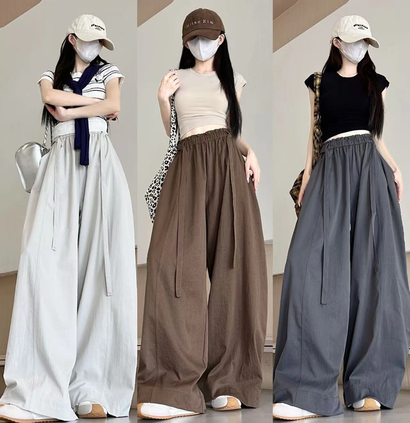 韩系挺阔弯刀空气裤女新款百搭显瘦木耳边压褶休闲阔腿裤长裤女款