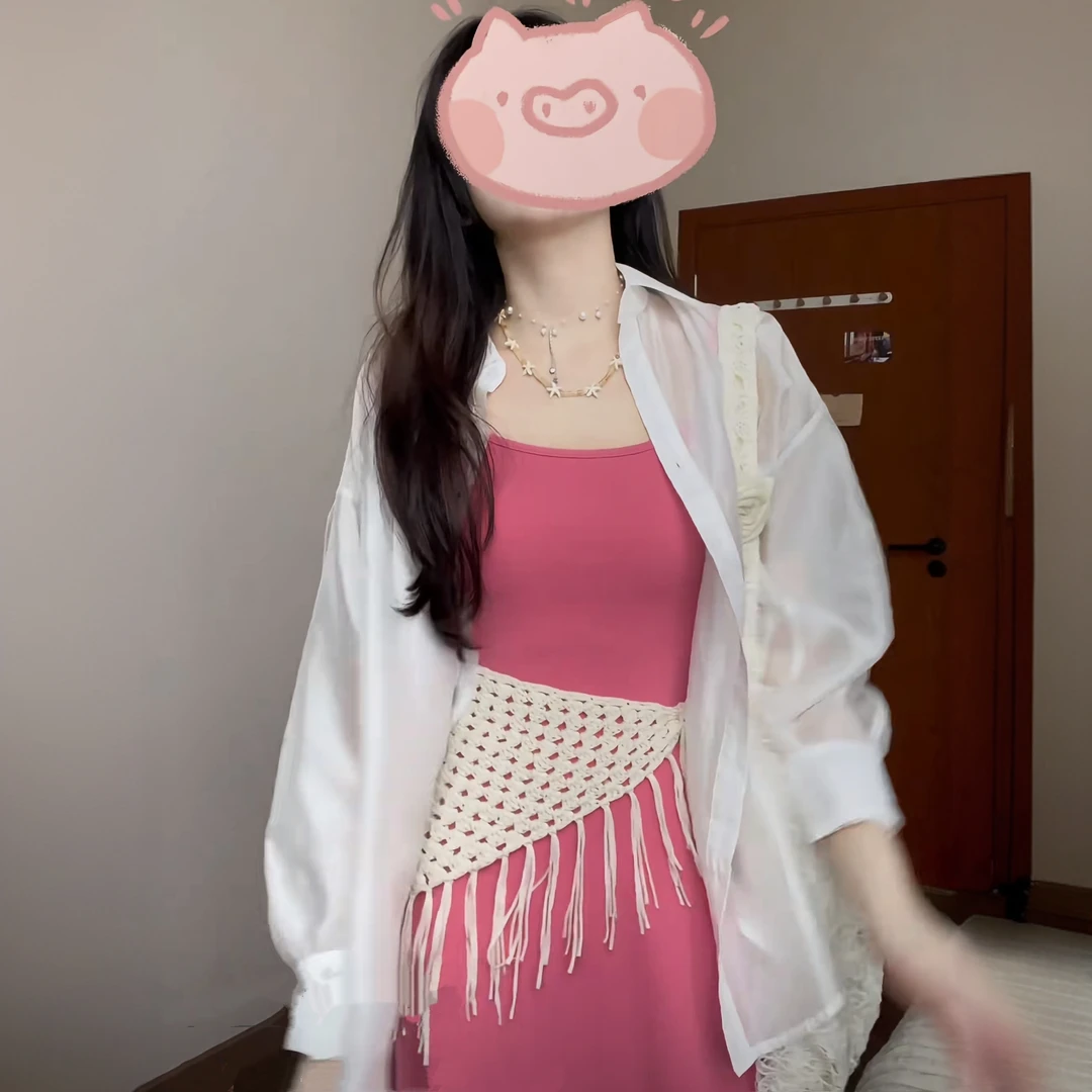 纯欲风辣妹套装长袖防晒衬衫粉色吊带连衣裙针织叠穿屁帘三件套