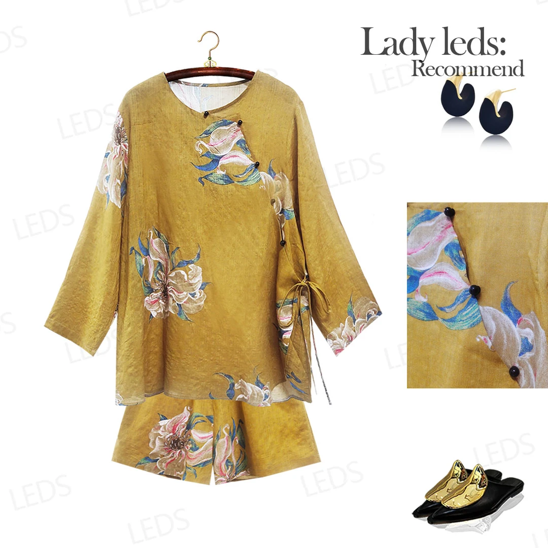 LEDS S602鎏金雅韵*夏季花卉上衣配短裤套装优雅绽放秒变时尚焦点
