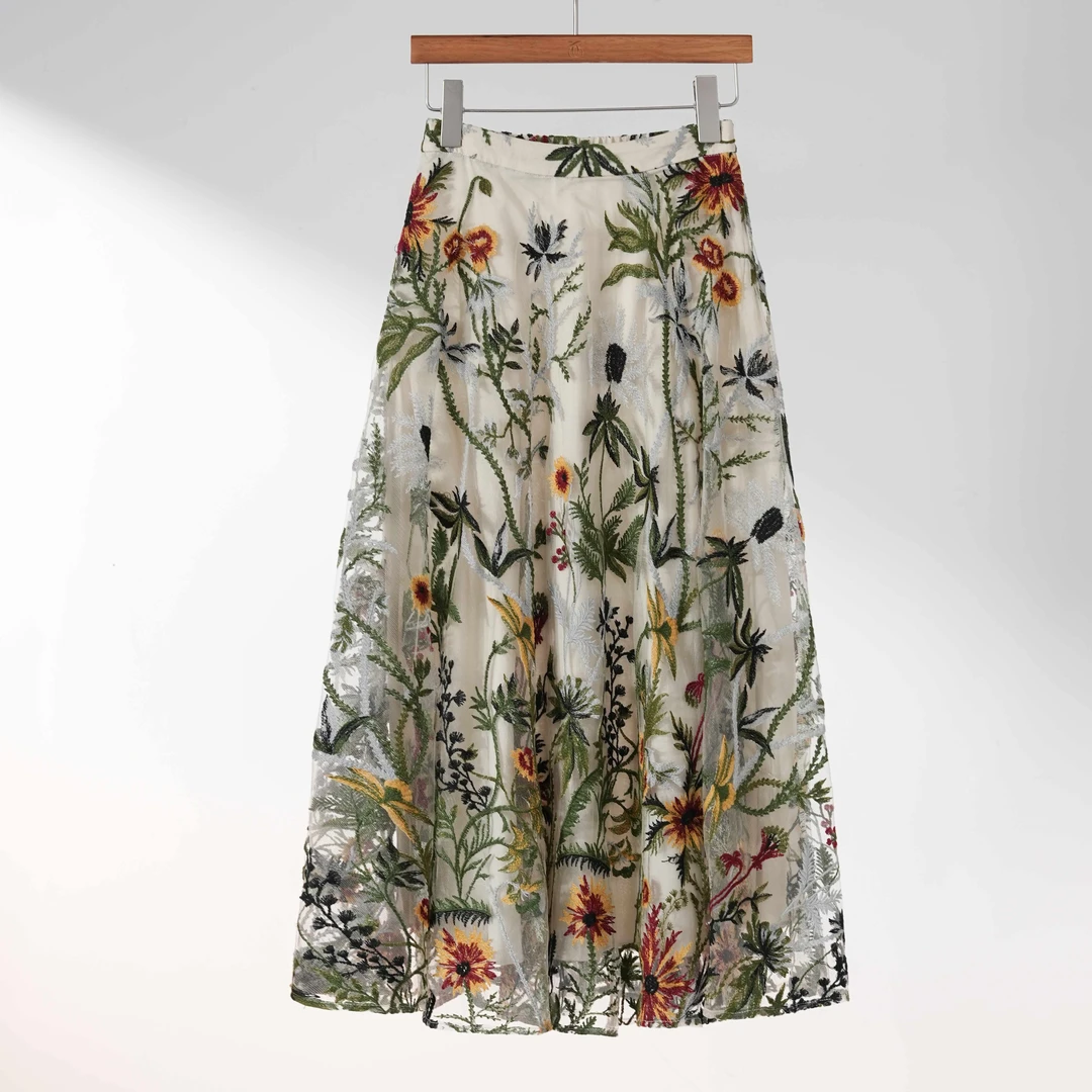 西子/【繁花序章】法式仙气网纱重工刺绣花绿色A摆半身裙/BQXS115