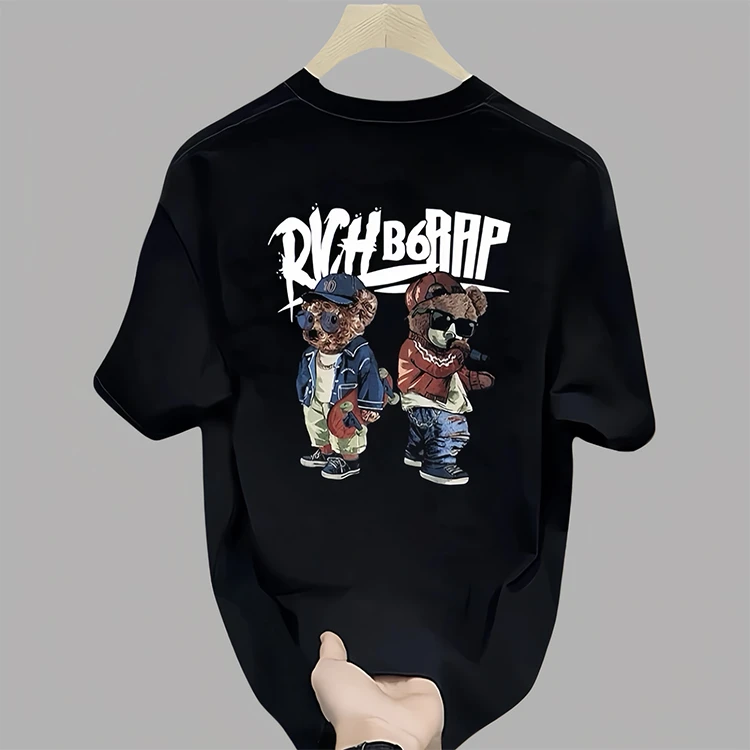 2025夏季新品男士短袖t恤黑白圆领上衣潮流休闲百搭印花男装T恤潮