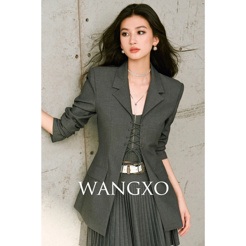 WANGXO   醋酸绑带式西装上衣半裙套装259566W