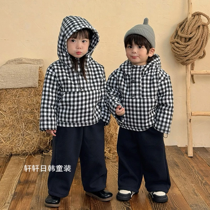 童装男童女童2025年秋冬加棉格子棉服韩版宽松格子加绒运动风套头