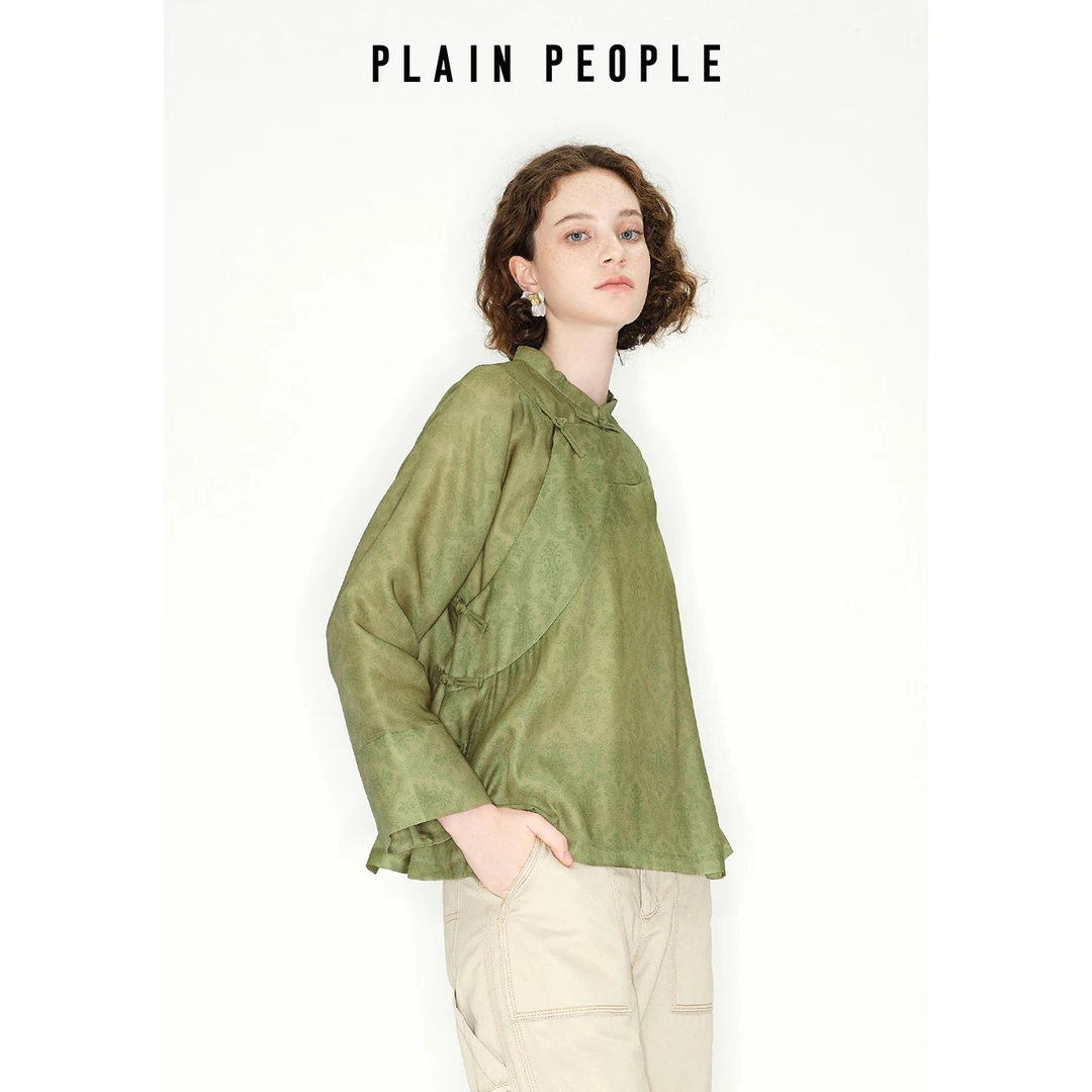 PLAIN PEOPLE新中式复古浪漫桑蚕丝印花长袖衬衫苔绿2025早秋款