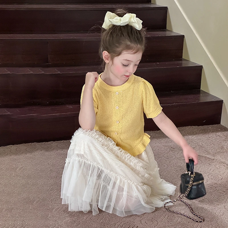 2025夏新品童装女童宝宝温柔风洋气亮片花边针织短袖上衣儿童