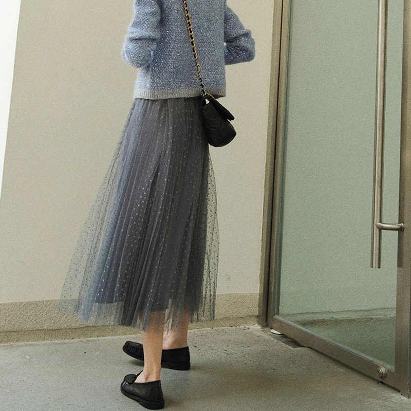 网纱蕾丝甜美优雅气质显瘦复古松紧腰减龄仙女半身裙1026