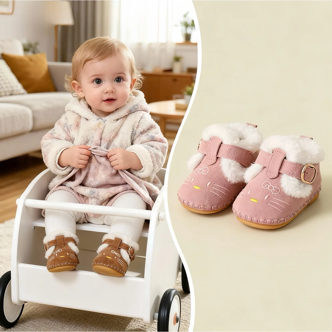 新款0一1岁女宝宝冬季可爱猫咪软底学步鞋加绒防风婴幼儿保暖棉鞋