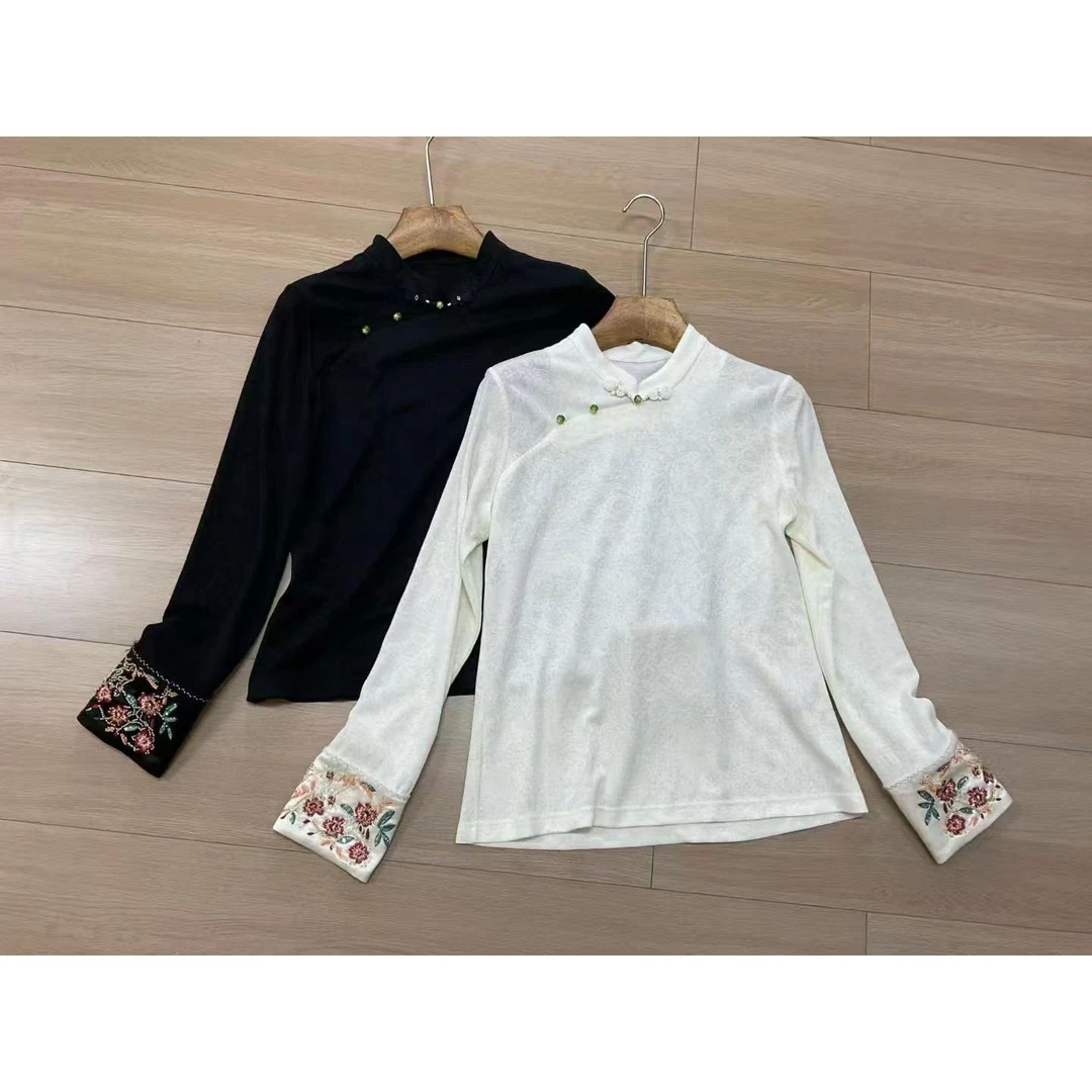 新中式复古提花玉石扣刺绣袖口长袖打底上衣