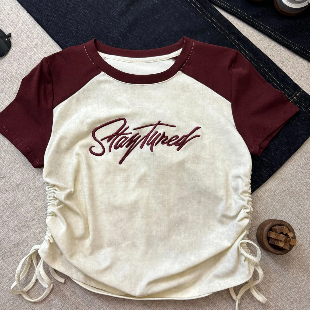 295春季新款扎染抽绳字母撞色短袖T恤