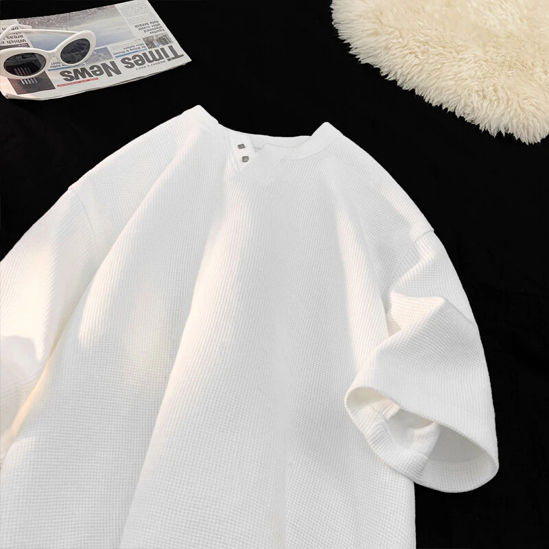 2025夏季新款港风潮流百搭大码华夫格设计感V领休闲短袖T恤男宽松