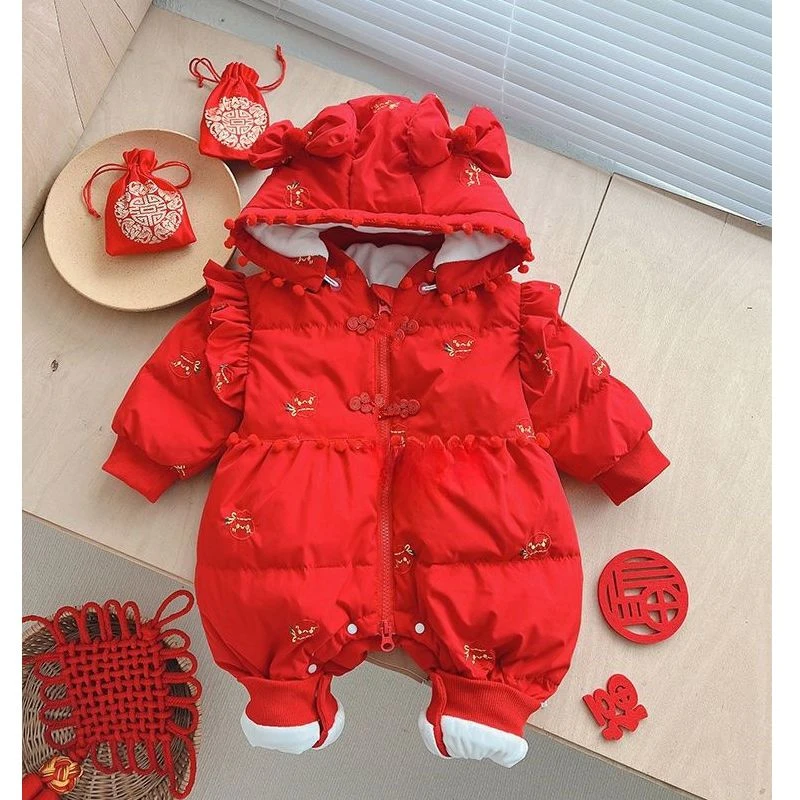婴儿冬装连体女宝宝衣服外出夹棉服冬季幼儿拜年过年新年喜庆红色