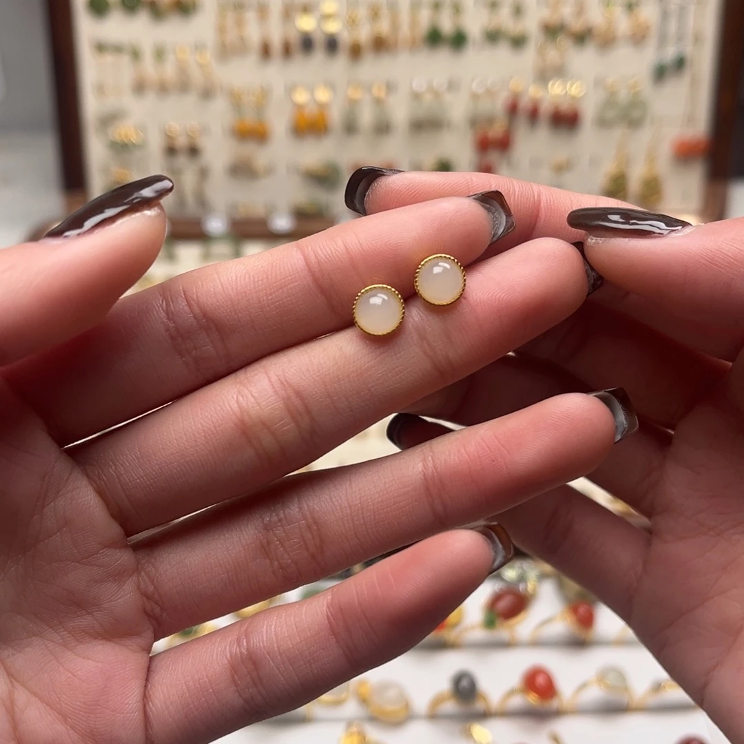 和田玉银S925镀金镶嵌耳坠