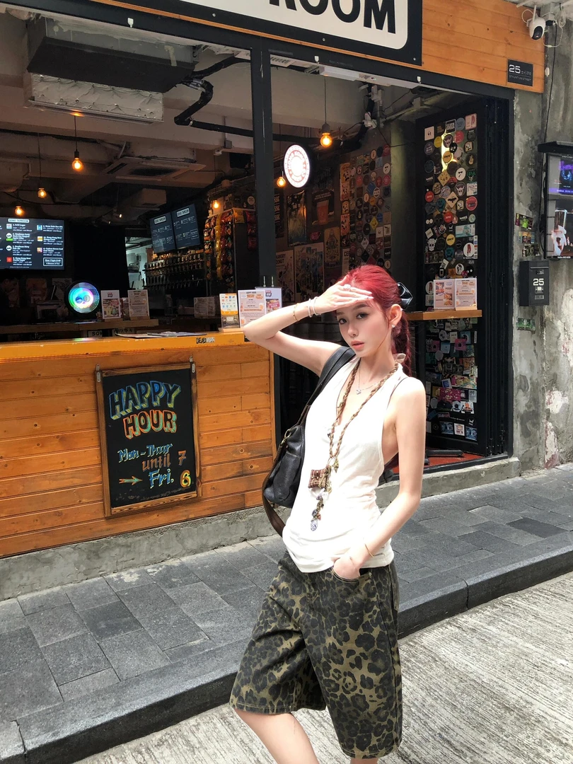辣妹豹纹印花设计牛仔短裤女夏新款美式复古宽松直筒阔腿五分中裤