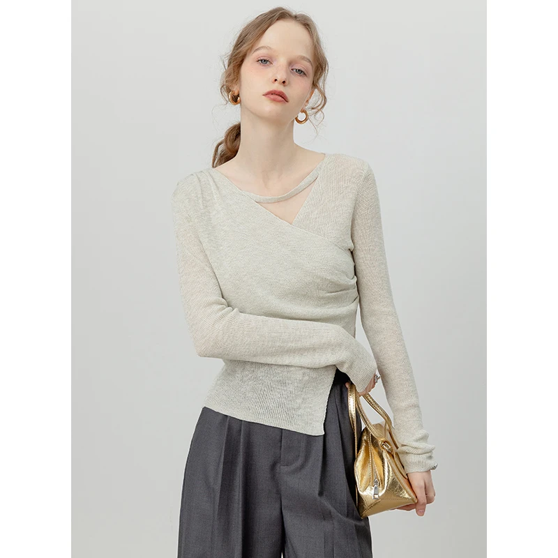 EGGKA【现现】不规则V领缠绕式设计针织衫长袖上衣E24B5144BK