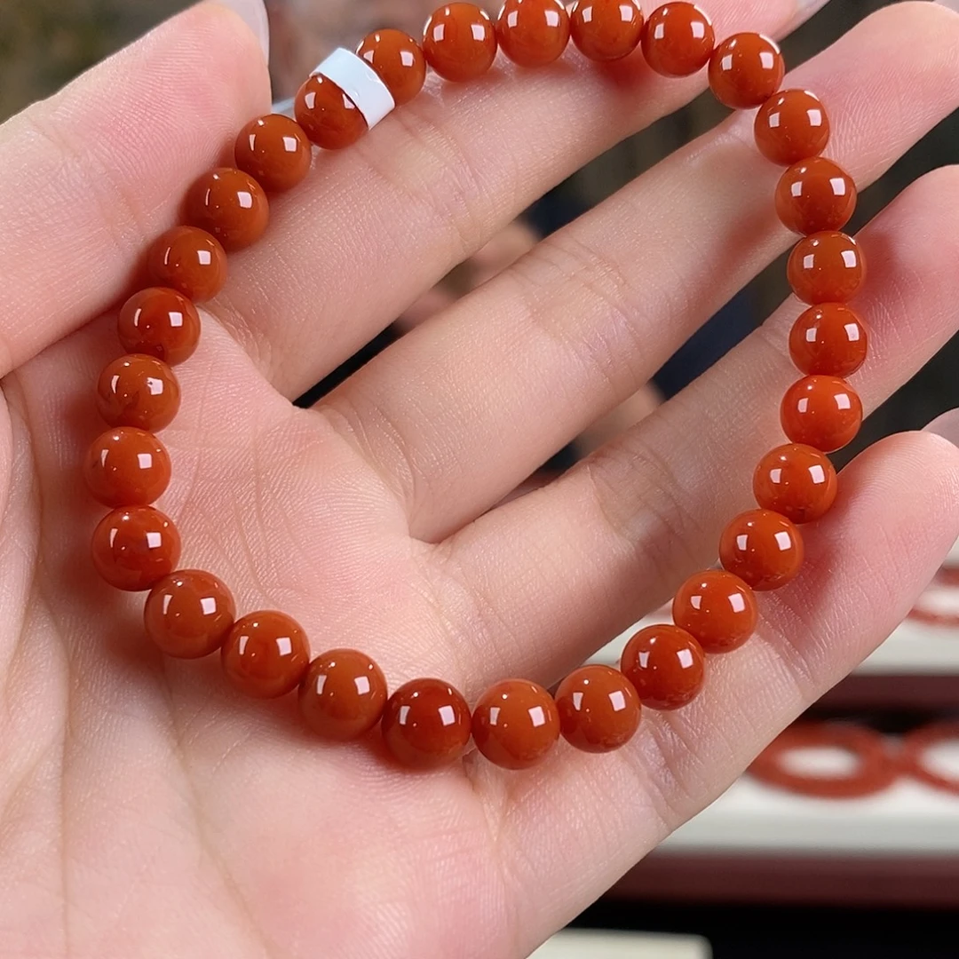 南红玛瑙未镶嵌手串原矿6.5mm 柿子红瓦西5a级别