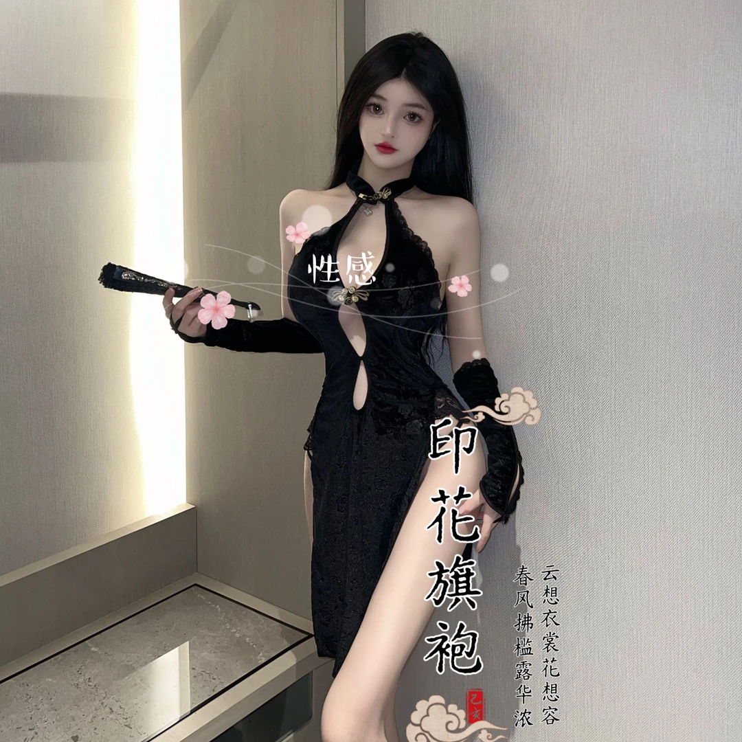 80-200斤印花古典旗袍侧开高开深V领复古性感诱惑明国风激情蕾丝