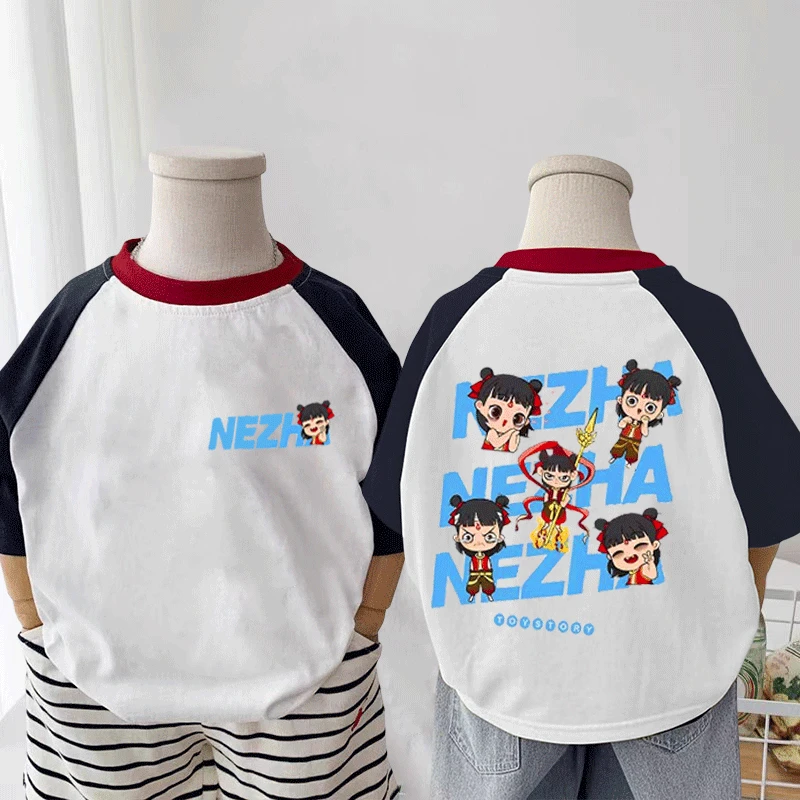 新款男童哪吒儿童夏季卡通短袖纯棉T恤拼接男女宝宝外穿潮款上衣t